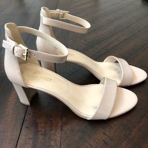 Nude Faux Leather Nine West Open Toe Heels